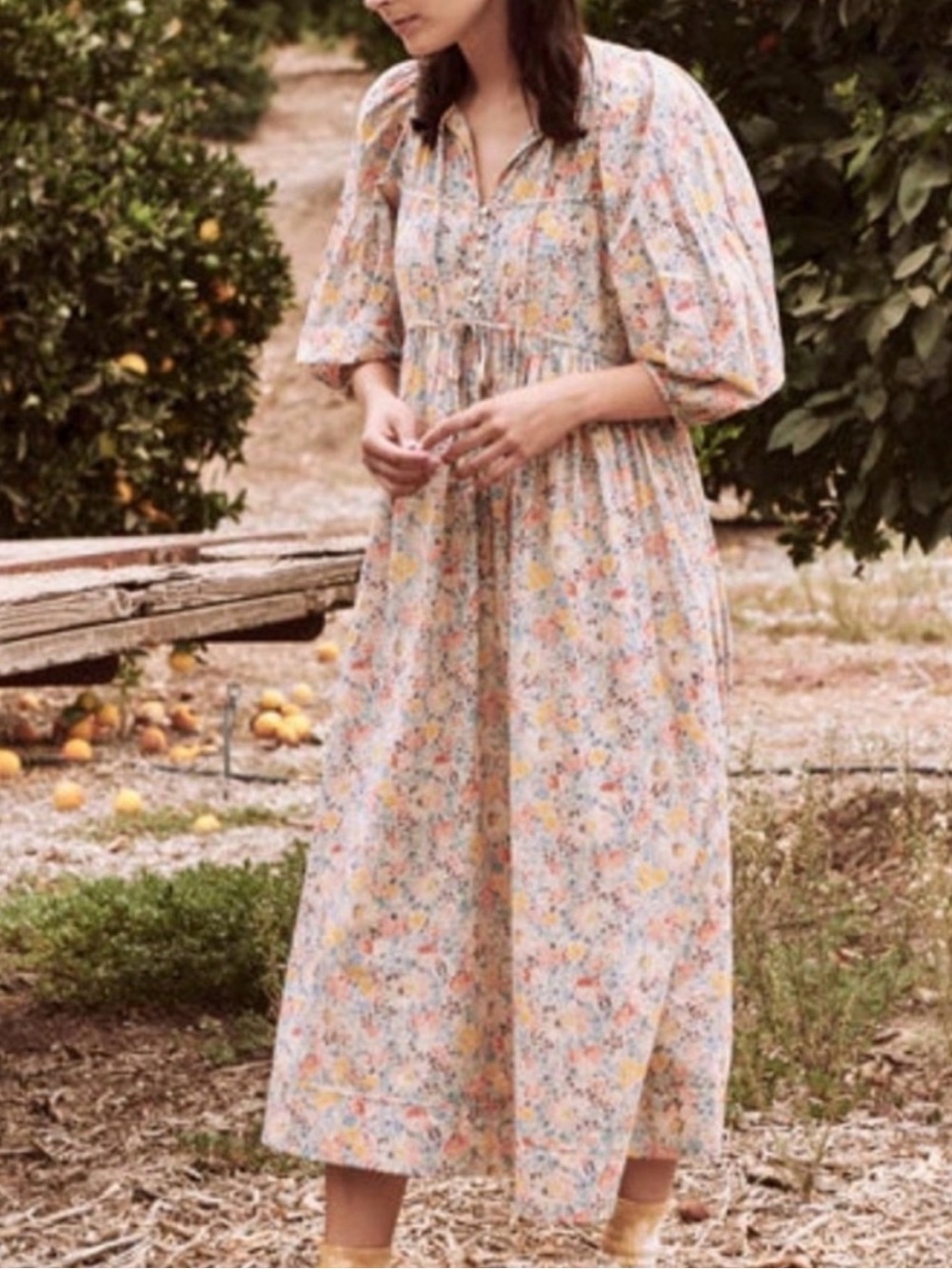 THE GREAT. Pastel Floral Midi Dress in Cream with Pink and Blue Motif - Picture 4 of 4